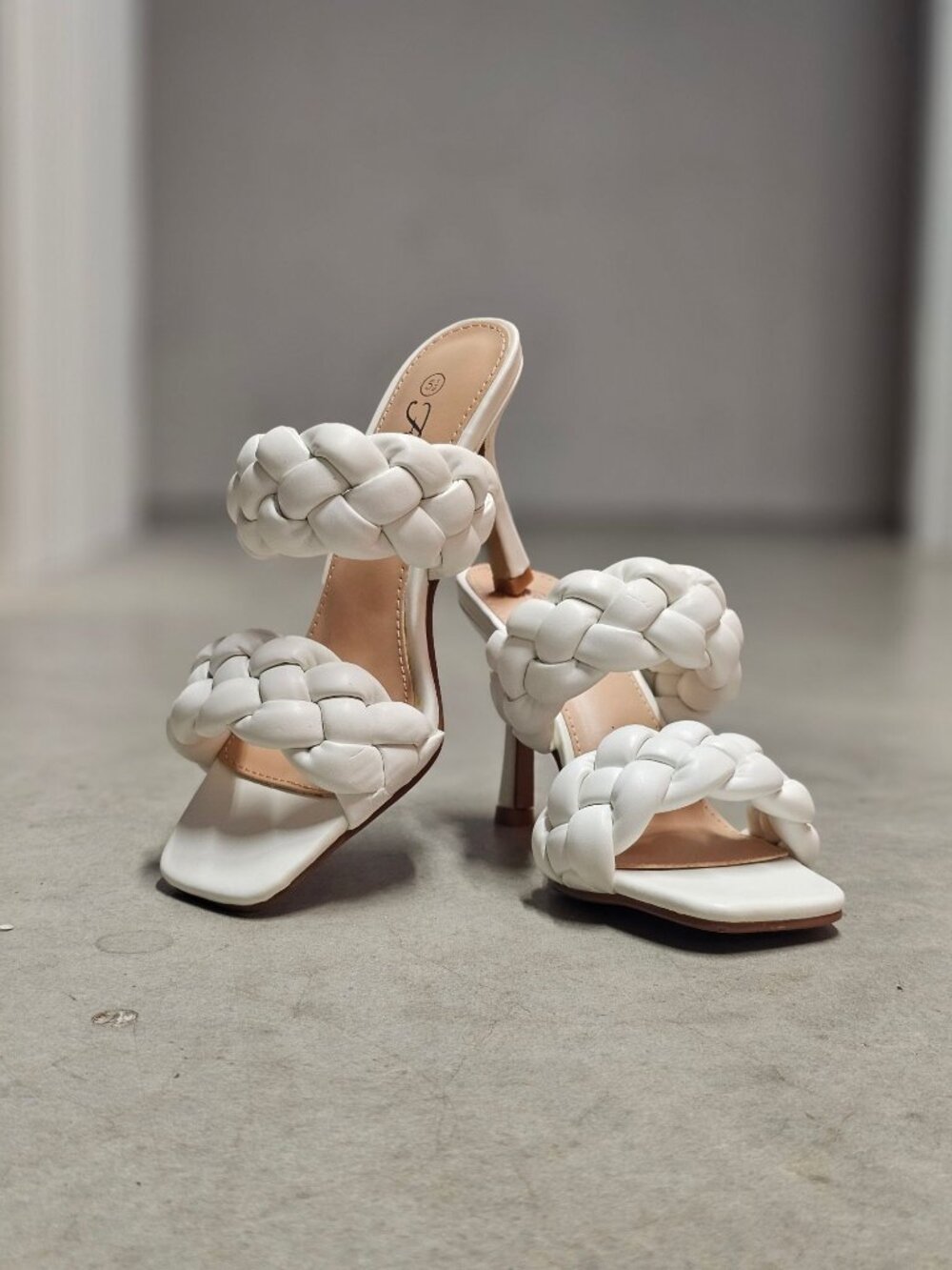 White Braided Heeled Sandals With Square Toe & Slip-On Style - Picture 12 of 12